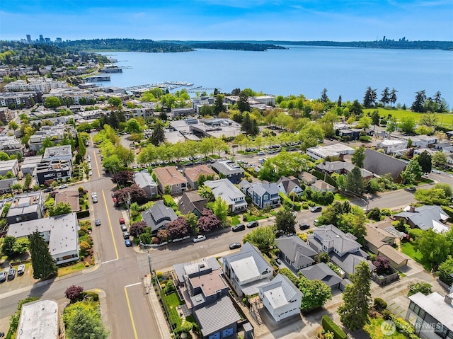 aerial perspective of suburban area with a large body of water