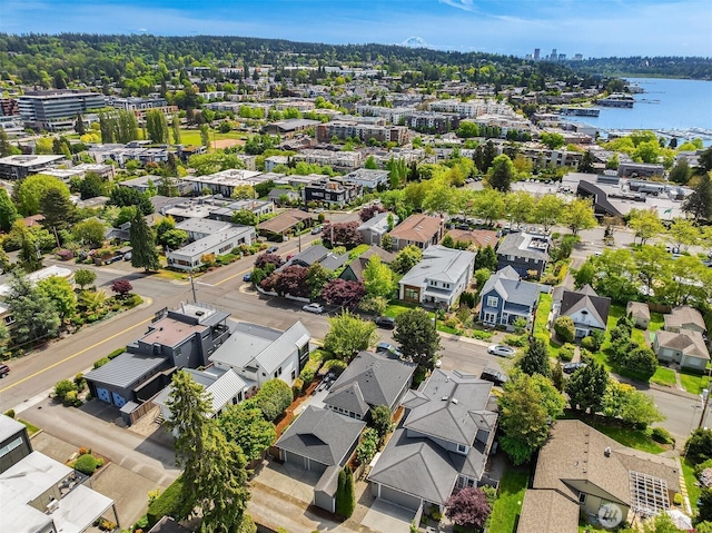 aerial perspective of suburban area with a nearby body of water