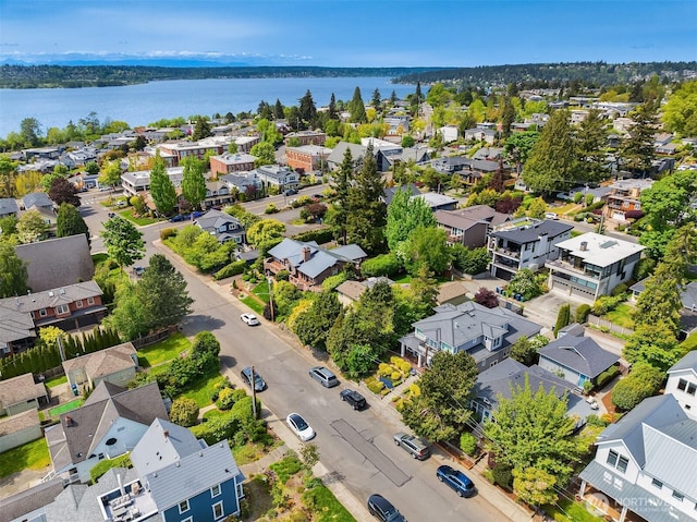 aerial perspective of suburban area with a nearby body of water