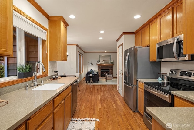 kitchen featuring stainless steel appliances, a sink, a fireplace, crown molding, and light wood-type flooring