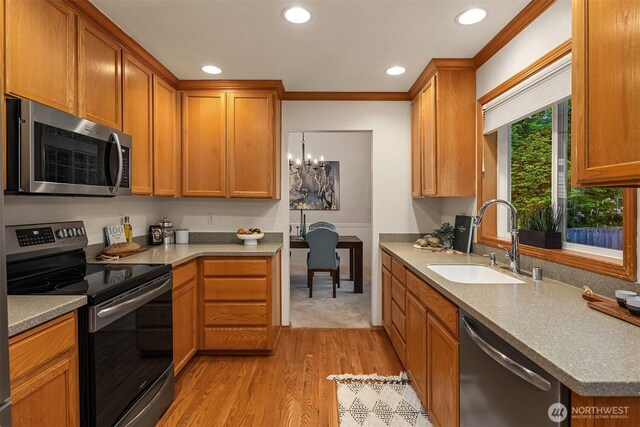 kitchen with appliances with stainless steel finishes, a sink, light wood-style floors, recessed lighting, and crown molding
