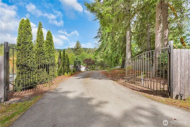 1120 Maple Valley Rd SW, Olympia, WA 98512 - view of asphalt driveway featuring a gate, a gated entry, and a view of trees