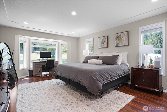 1120 Maple Valley Rd SW, Olympia, WA 98512 - bedroom with multiple windows, dark wood-type flooring, a desk, recessed lighting, and baseboards