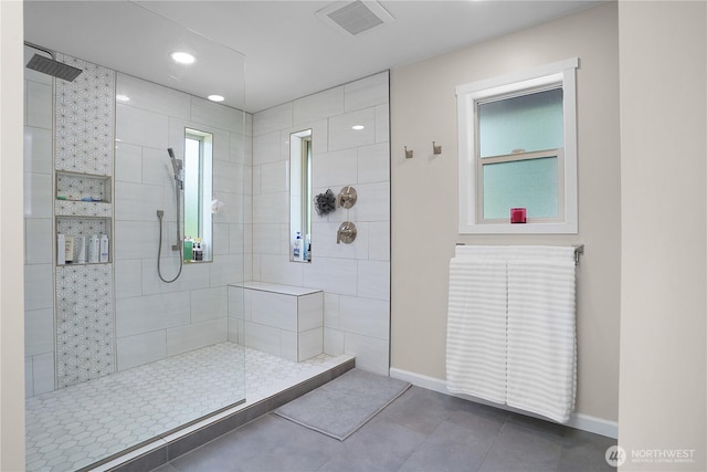 1120 Maple Valley Rd SW, Olympia, WA 98512 - bathroom featuring walk in shower, tile patterned flooring, baseboards, and recessed lighting
