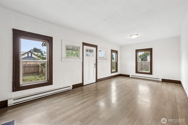 unfurnished living room with a baseboard radiator, wood finished floors, and baseboards