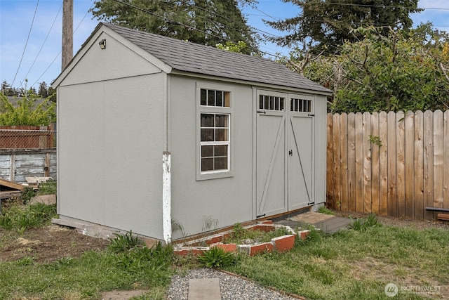 view of shed with a fenced backyard