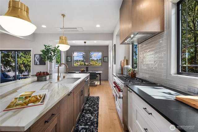 3018 22nd Ave W, Seattle, WA 98199 - kitchen featuring a sink, wall chimney exhaust hood, high end stainless steel range oven, light wood-type flooring, and backsplash