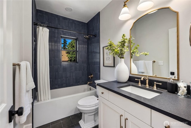 3018 22nd Ave W, Seattle, WA 98199 - bathroom with tile patterned flooring, shower / bath combination with curtain, toilet, and vanity