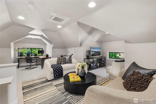 3018 22nd Ave W, Seattle, WA 98199 - carpeted living room with lofted ceiling, recessed lighting, and baseboards