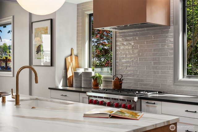 3018 22nd Ave W, Seattle, WA 98199 - kitchen with premium range hood, tasteful backsplash, a sink, and white cabinetry