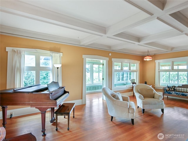 215 N Forest St, Bellingham, WA 98225 - sitting room featuring wood finished floors, coffered ceiling, and beamed ceiling