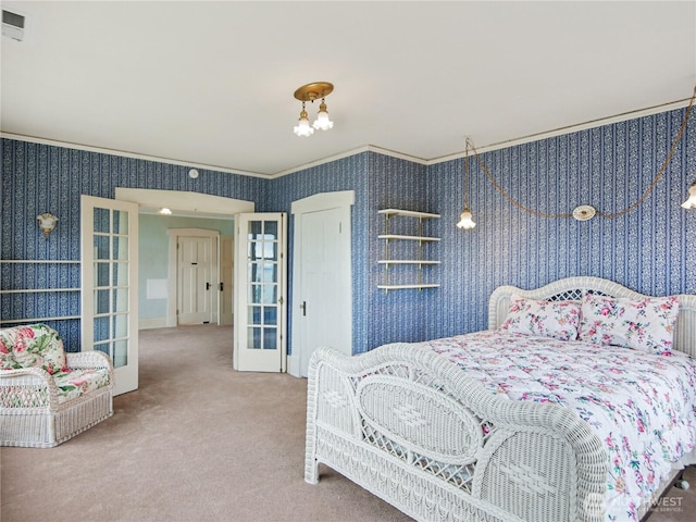 215 N Forest St, Bellingham, WA 98225 - bedroom featuring wallpapered walls, carpet, and crown molding