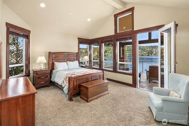 1624 Mallard Ln, Bellevue, WA 98008 - bedroom with access to outside, light carpet, beamed ceiling, recessed lighting, and high vaulted ceiling