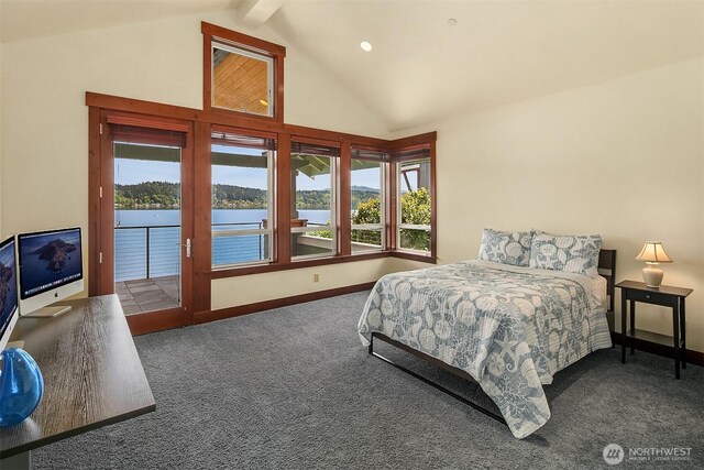 1624 Mallard Ln, Bellevue, WA 98008 - bedroom featuring carpet floors, access to exterior, a water view, high vaulted ceiling, and baseboards