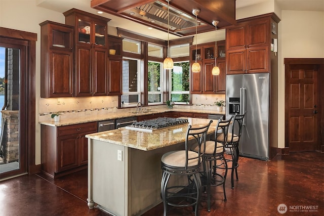 1624 Mallard Ln, Bellevue, WA 98008 - kitchen with appliances with stainless steel finishes, tasteful backsplash, glass insert cabinets, and light stone counters