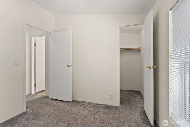 unfurnished bedroom featuring carpet flooring, a walk in closet, and a closet