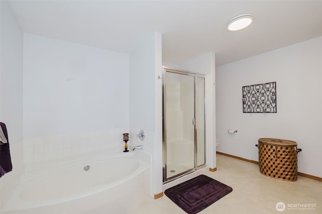 760 Lewis Rd W, Seabeck, WA 98380 - full bath featuring a shower stall, a bath, toilet, baseboards, and tile patterned floors