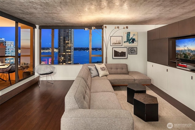 living room featuring wood finished floors and baseboards