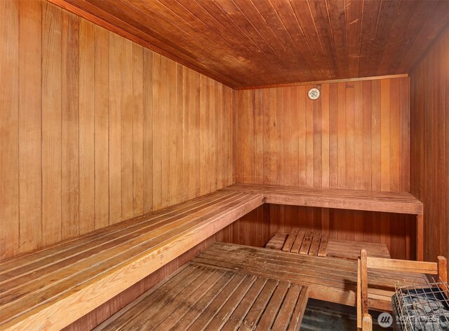 sauna / steam room featuring wood ceiling and wood walls