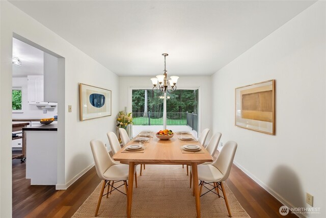 dining room with dark wood-style flooring, baseboards, a chandelier, and healthy amount of natural light