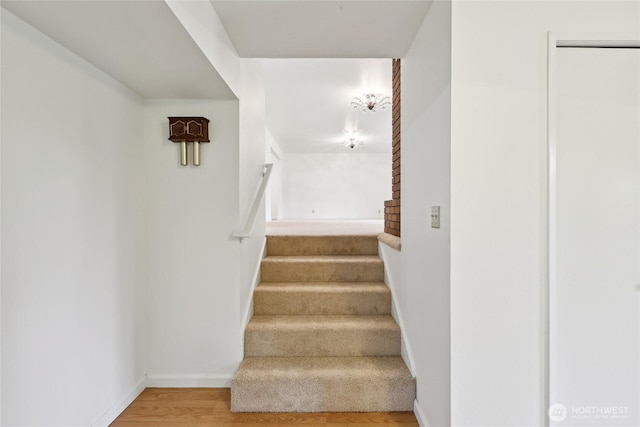 stairs with wood finished floors and baseboards