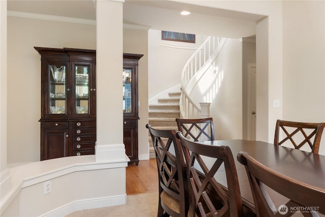 15927 35th Dr SE, Bothell, WA 98012 - dining room with ornamental molding, stairway, wood finished floors, recessed lighting, and decorative columns