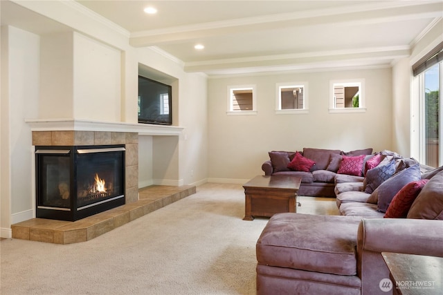 15927 35th Dr SE, Bothell, WA 98012 - carpeted living room featuring a fireplace, beamed ceiling, crown molding, and recessed lighting