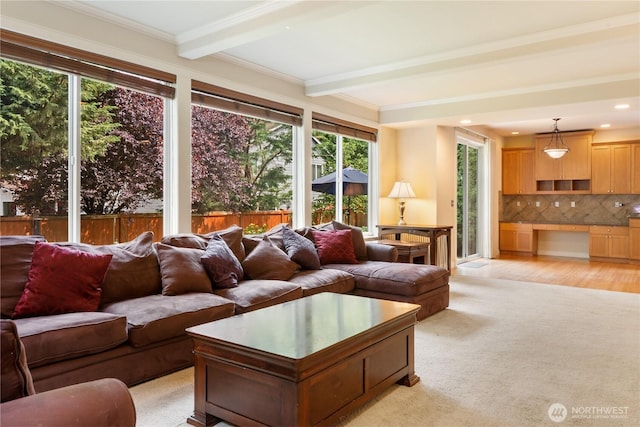 15927 35th Dr SE, Bothell, WA 98012 - living area featuring plenty of natural light, beam ceiling, light carpet, and recessed lighting