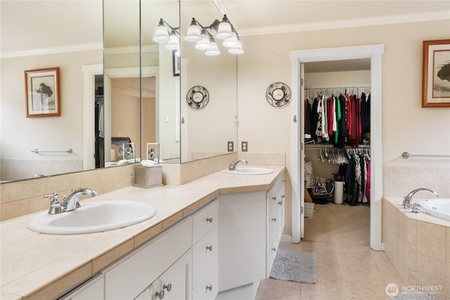 15927 35th Dr SE, Bothell, WA 98012 - bathroom with double vanity, a garden tub, a spacious closet, tile patterned floors, and crown molding