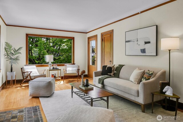 living area with ornamental molding, baseboards, and wood finished floors