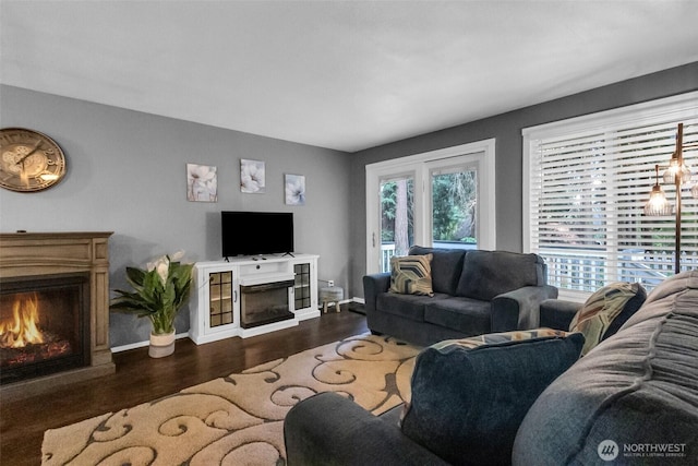 21843 SE Crest Ln SE, Yelm, WA 98597 - living room featuring a glass covered fireplace, dark wood-type flooring, and baseboards