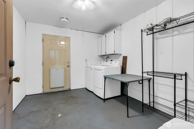 21843 SE Crest Ln SE, Yelm, WA 98597 - washroom with cabinet space, washing machine and dryer, and a ceiling fan
