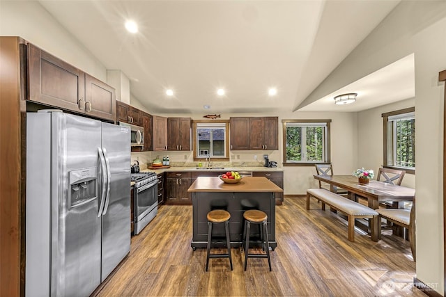 7468 Glacier Springs Dr, Deming, WA 98244 - kitchen featuring stainless steel appliances, vaulted ceiling, a sink, dark brown cabinets, and wood finished floors