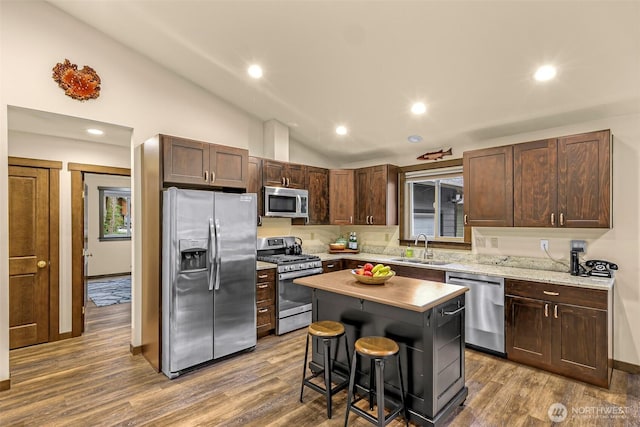 7468 Glacier Springs Dr, Deming, WA 98244 - kitchen with stainless steel appliances, vaulted ceiling, a sink, dark wood-style flooring, and a breakfast bar area