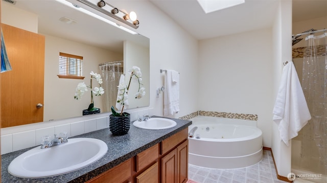 28843 213th Ct SE, Kent, WA 98042 - bathroom with a tub with jets, a shower with shower curtain, double vanity, and a skylight