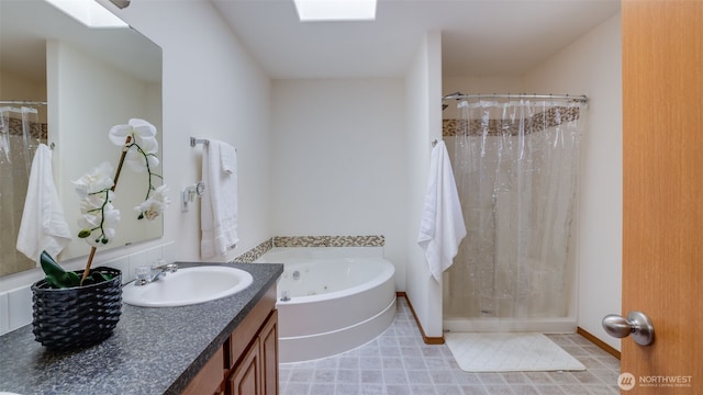 28843 213th Ct SE, Kent, WA 98042 - bathroom with a stall shower, vanity, a whirlpool tub, and baseboards