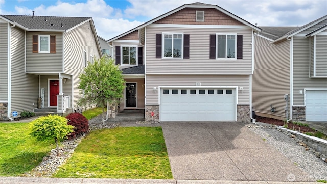 28843 213th Ct SE, Kent, WA 98042 - view of front of property with concrete driveway, stone siding, a garage, and a front lawn