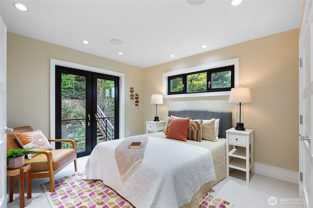 bedroom featuring french doors, access to outside, light carpet, recessed lighting, and baseboards
