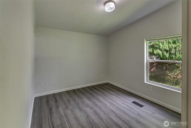 empty room with baseboards and dark wood-type flooring