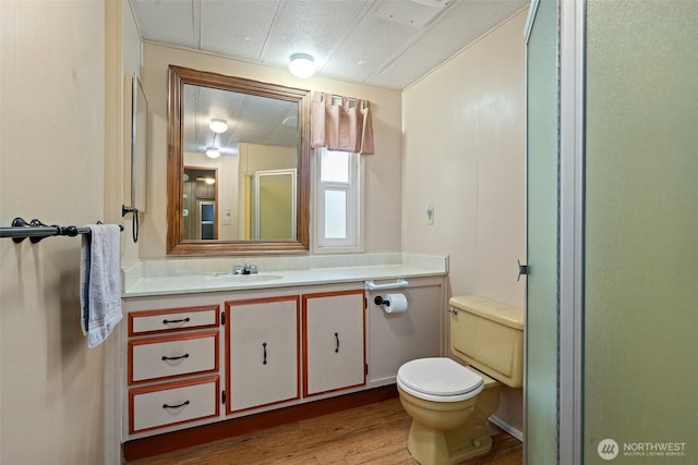 3180 Woodcock Rd, Sequim, WA 98382 - bathroom featuring vanity, toilet, wood finished floors, and a shower with door