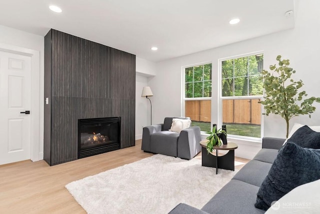 living room featuring wood finished floors, plenty of natural light, recessed lighting, and a fireplace