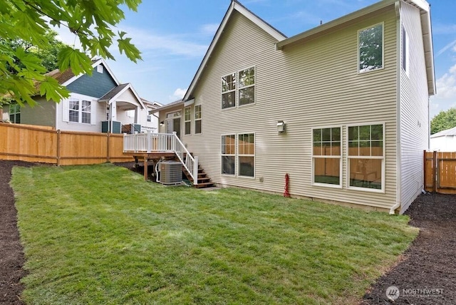 rear view of property with stairs, a wooden deck, and cooling unit