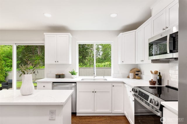 28132 24th Pl S, Federal Way, WA 98003 - kitchen with appliances with stainless steel finishes, a sink, white cabinetry, recessed lighting, and dark wood-type flooring
