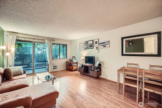 living area featuring wood finished floors, a textured ceiling, and baseboards