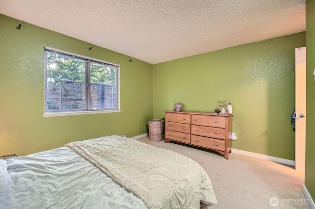bedroom featuring light colored carpet, a textured ceiling, baseboards, and a textured wall