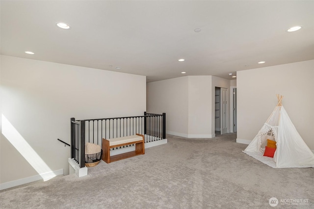 rec room with carpet flooring, recessed lighting, and baseboards