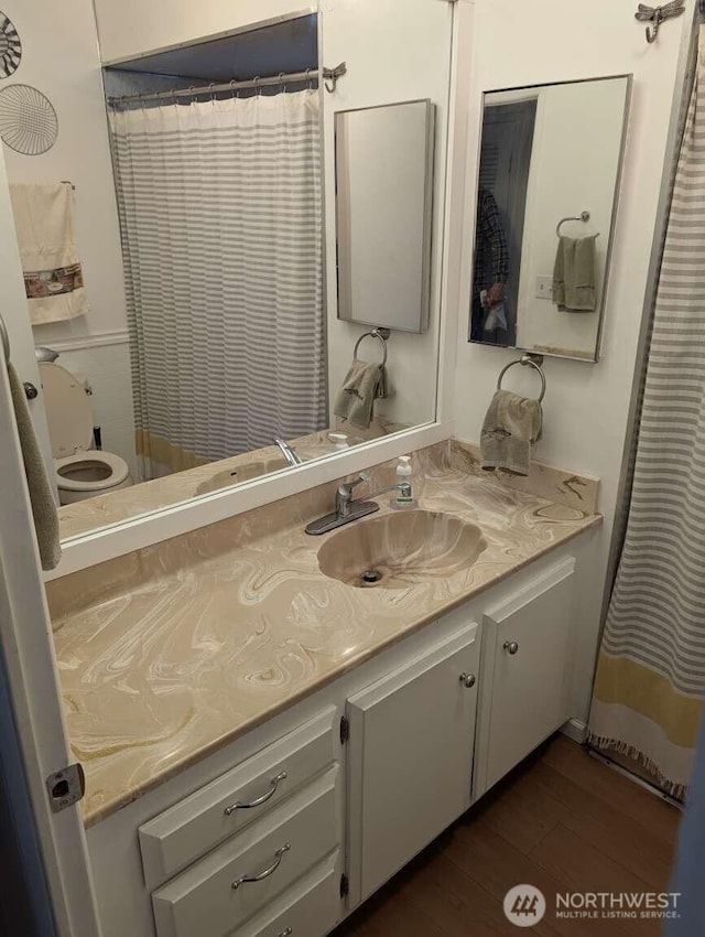 bathroom featuring wood finished floors, vanity, and curtained shower
