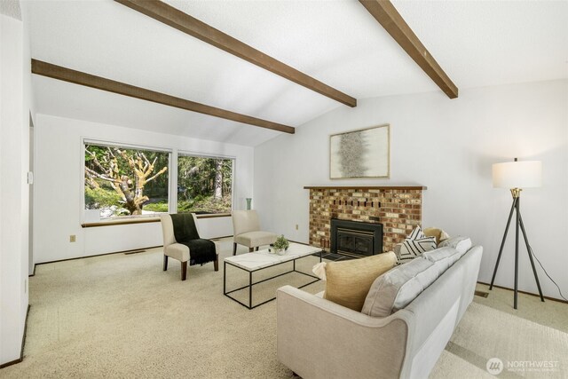 carpeted living room featuring a brick fireplace