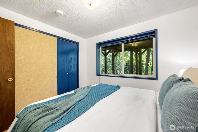 bedroom with a textured ceiling and a closet