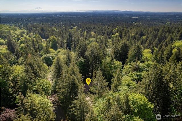 aerial view of a heavily wooded area and a mountainous background
